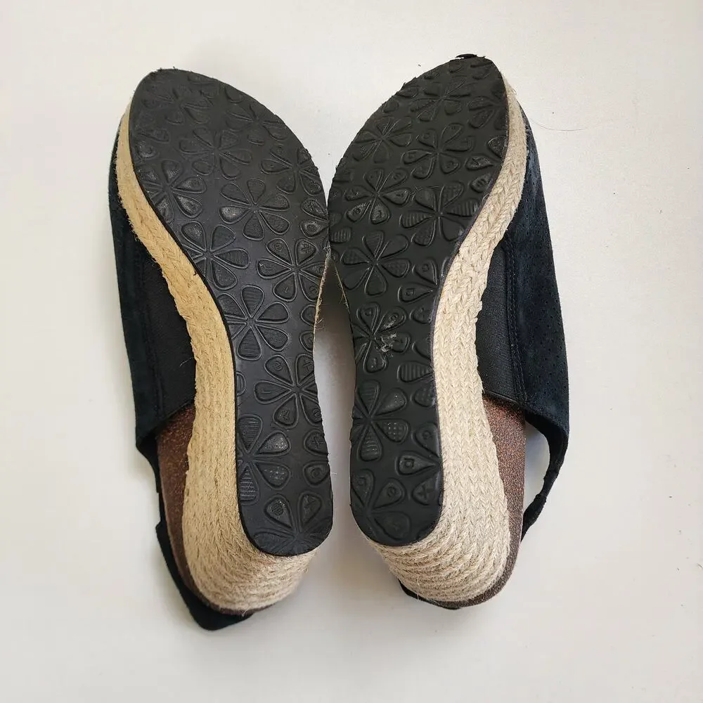 AETREX Womens Sherry Espadrille Wedge Sandal Size 10.5-11 Black Suede Perforated
